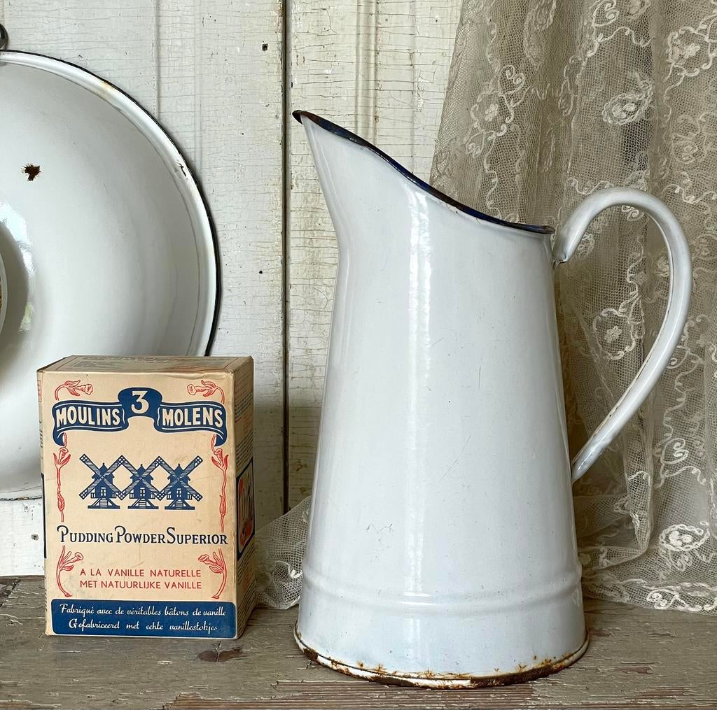 Emaille oude waterkan wit met blauw randje, Antiek en Kunst, Antiek | Emaille, Ophalen of Verzenden