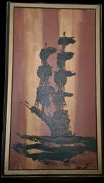 Gaaf schilderij schip 40 x 70 cm met gouden houten lijst, Ophalen