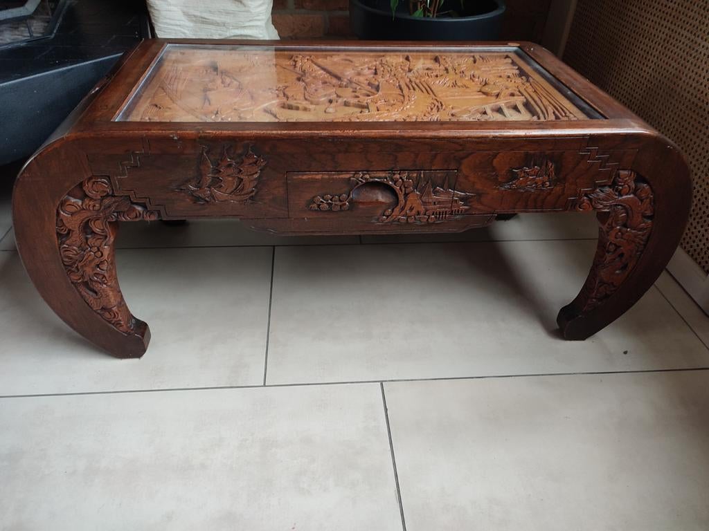 Unieke Chinese salontafel met gedetailleerd houtsnijwerk, Gebruikt, 100 tot 150 cm, Glas, Chinees, Oosters, Traditioneel