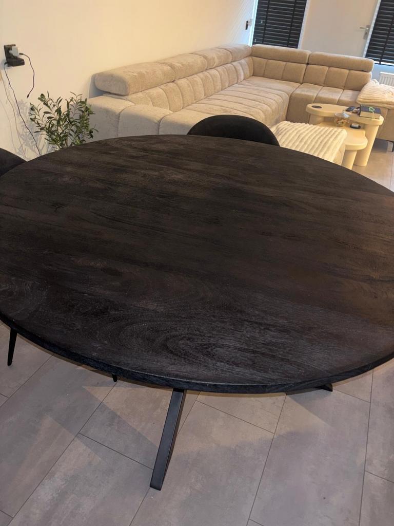Ronde eettafel Mangohout zwart incl. 4 stoelen, Ophalen, Gebruikt, 100 tot 150 cm, Rond