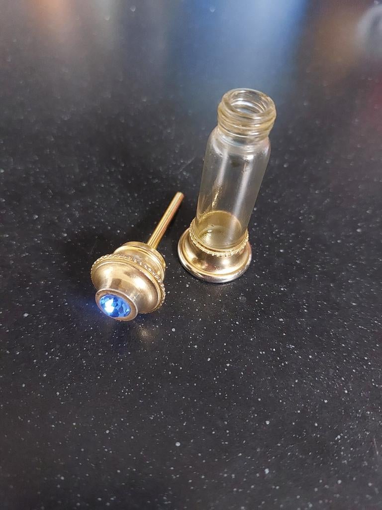 Vintage Miniatuur Parfumflesje met Blauwe Steen, Antiek en Kunst, Ophalen of Verzenden
