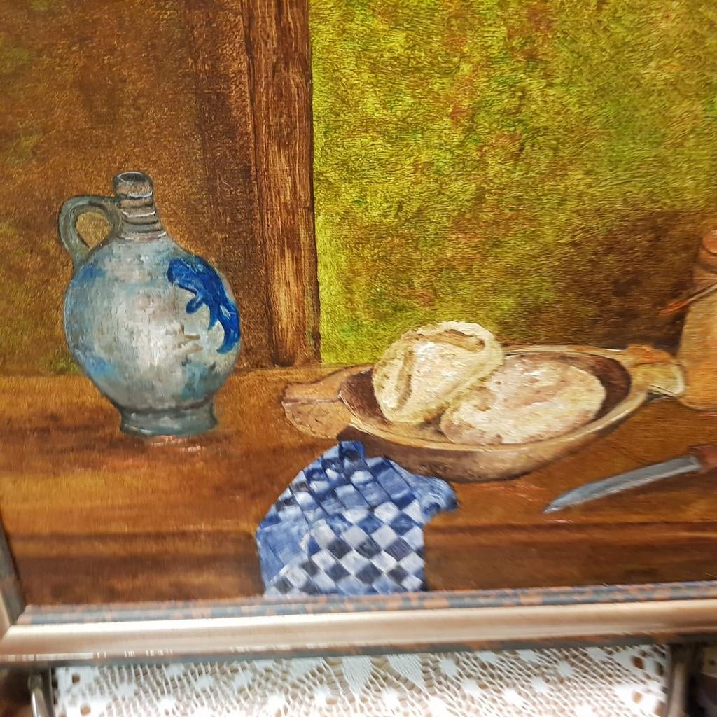Vintage brocant Stilleven schilderij met pot & bord ziefotos, Ophalen of Verzenden