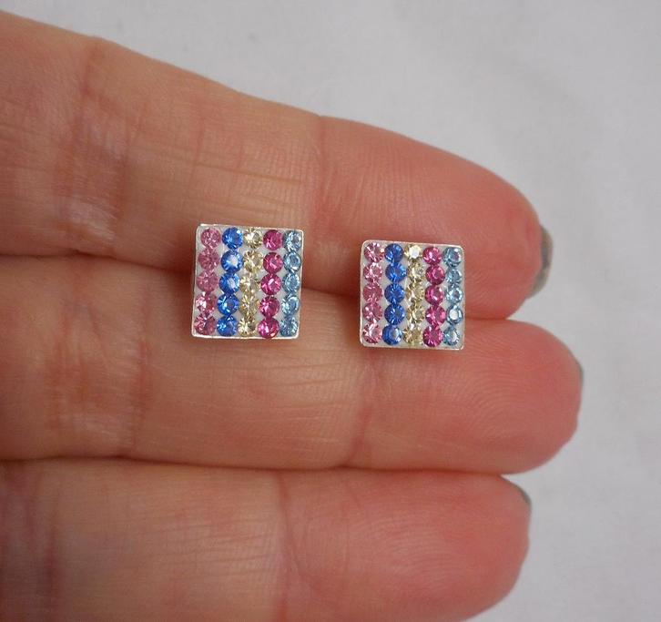 Zilveren oorknoppen met gekleurde steentjes nr.1446, Sieraden, Tassen en Uiterlijk, Oorbellen, Zo goed als nieuw, Knopjes of Stekers