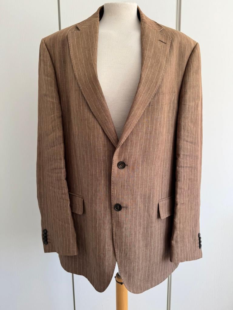 ZGAN > Bruine Duetz Linnen Heren Colbert / maat 52, Maat 52/54 (L), Bruin, Verzenden, Zo goed als nieuw