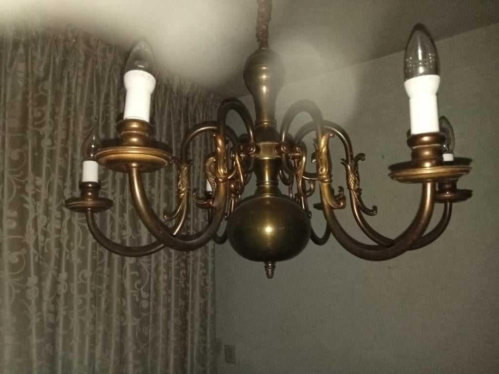 Antieke Messing Kroonluchter met 6 Armen, Huis en Inrichting, Lampen | Kroonluchters, Ophalen of Verzenden, Gebruikt, Metaal, Klassiek, Antiek