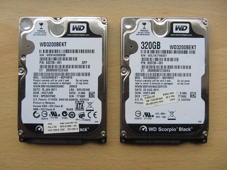 2x Western Digital Scorpio Black 320GB 7200RPM SATA 3Gbps, Computers en Software, Harde schijven, Zo goed als nieuw, Laptop, Intern