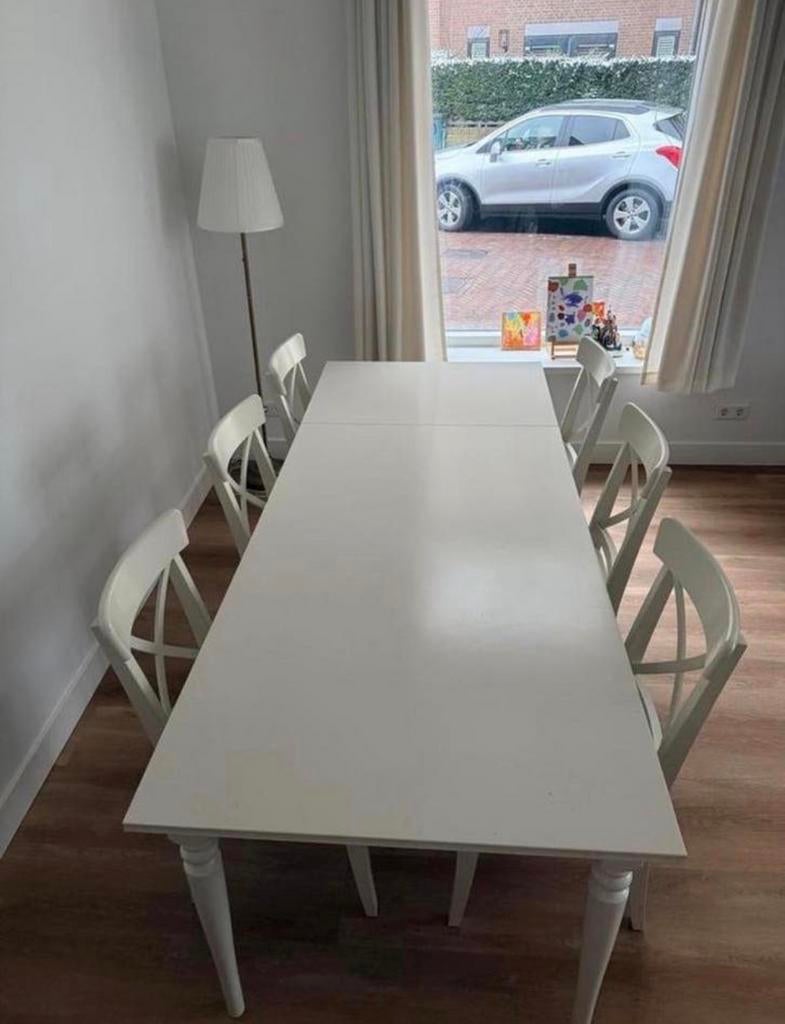 Ikea ROSENTORP uitschuifbare tafel met 6 stoelen, Ophalen, Gebruikt, 50 tot 100 cm, 150 tot 200 cm