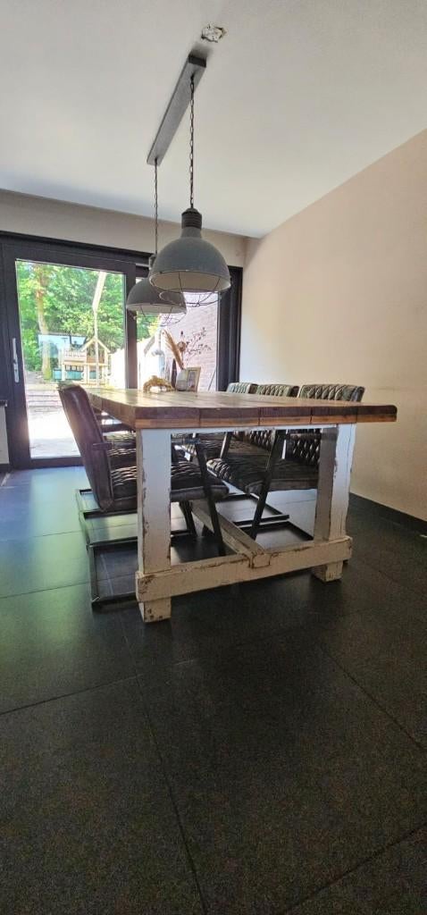 Robuuste/ landelijke eettafel met 6 stoelen, Ophalen, Gebruikt, 200 cm of meer, 50 tot 100 cm