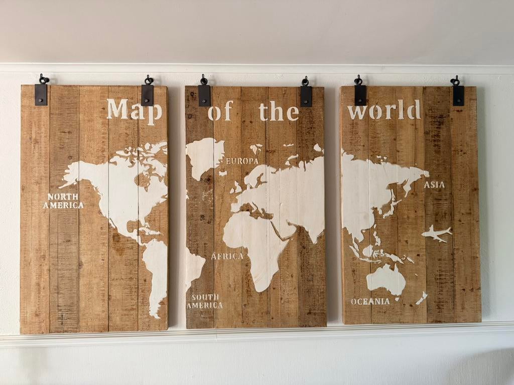 Houten drieluik map of the world, Huis en Inrichting, Woonaccessoires | Wanddecoraties, Ophalen, Hout, Decoratieobject, Zo goed als nieuw