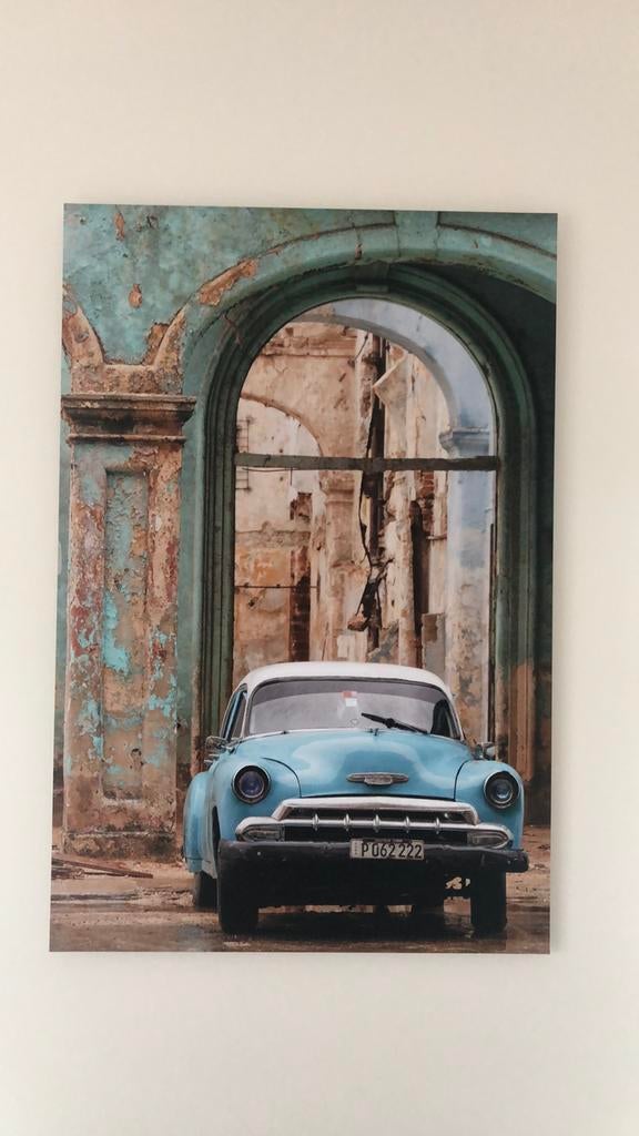 Auto schilderij met vervallen gebouw, Ophalen of Verzenden