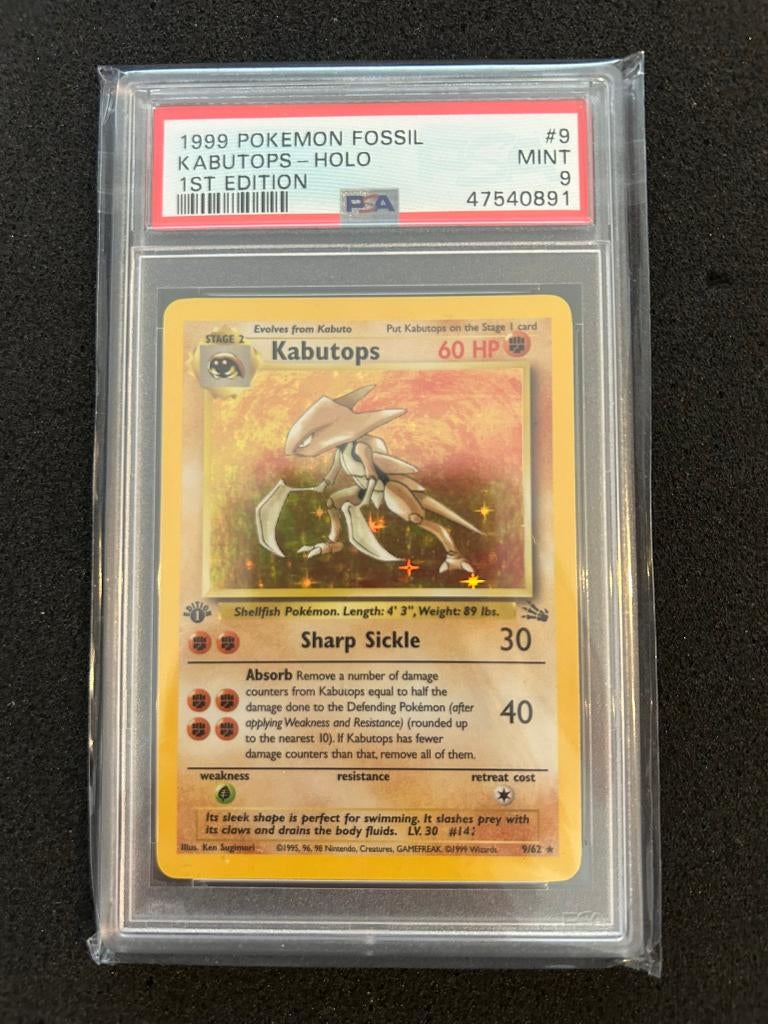 9/62 fossil kabutops 1st psa 9, Ophalen of Verzenden, Zo goed als nieuw, Foil