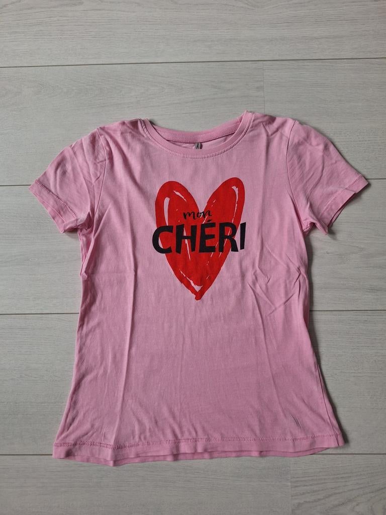 Roze T-shirt 'Mon Chéri' voor kinderen - Maat 134-140, Gebruikt, Meisje, Only, Ophalen of Verzenden