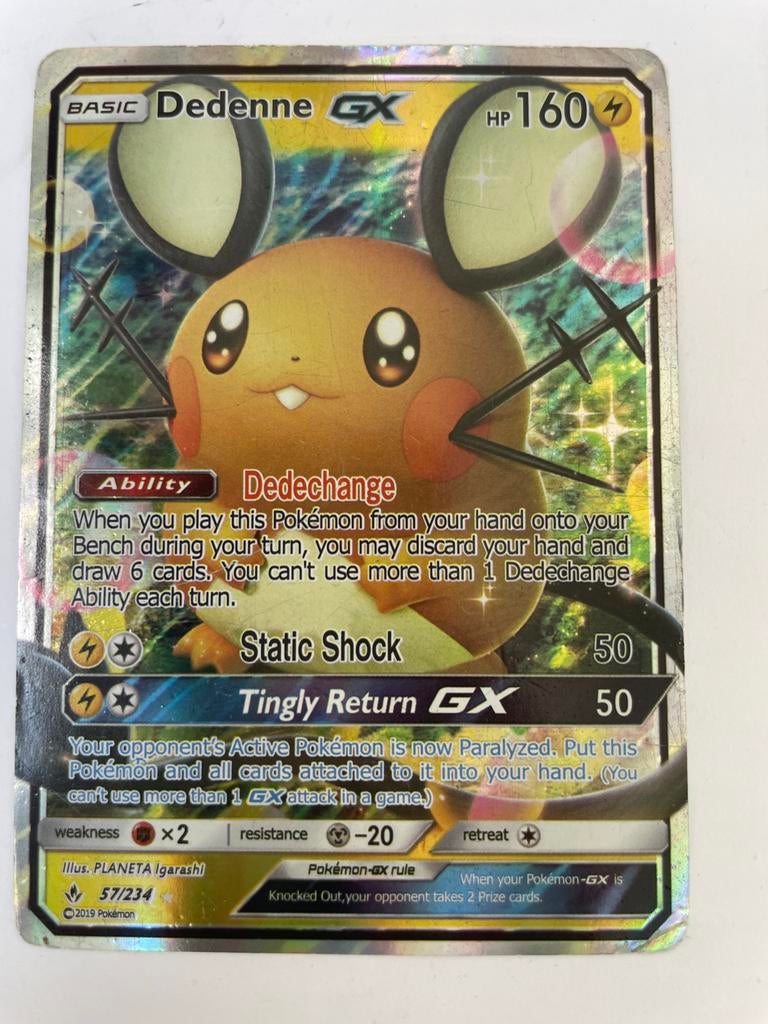 Dedenne GX 57/234 Holo, Hobby en Vrije tijd, Verzamelkaartspellen | Pokémon, Ophalen of Verzenden, Gebruikt, Losse kaart, Foil