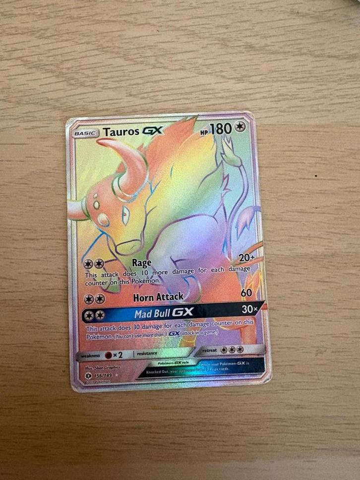 Pokemon kaart Tauros GX Full Art Rainbow 156/149 Sun & Moon, Hobby en Vrije tijd, Verzamelkaartspellen | Pokémon, Zo goed als nieuw