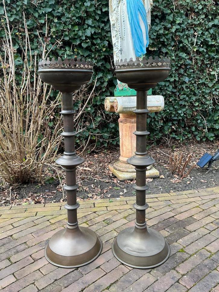 Antieke Koperen Kerk Altaar Kandelaars ❤️ België, ca. 1870, Antiek en Kunst, Antiek | Kandelaars, Koper of Brons, Ophalen