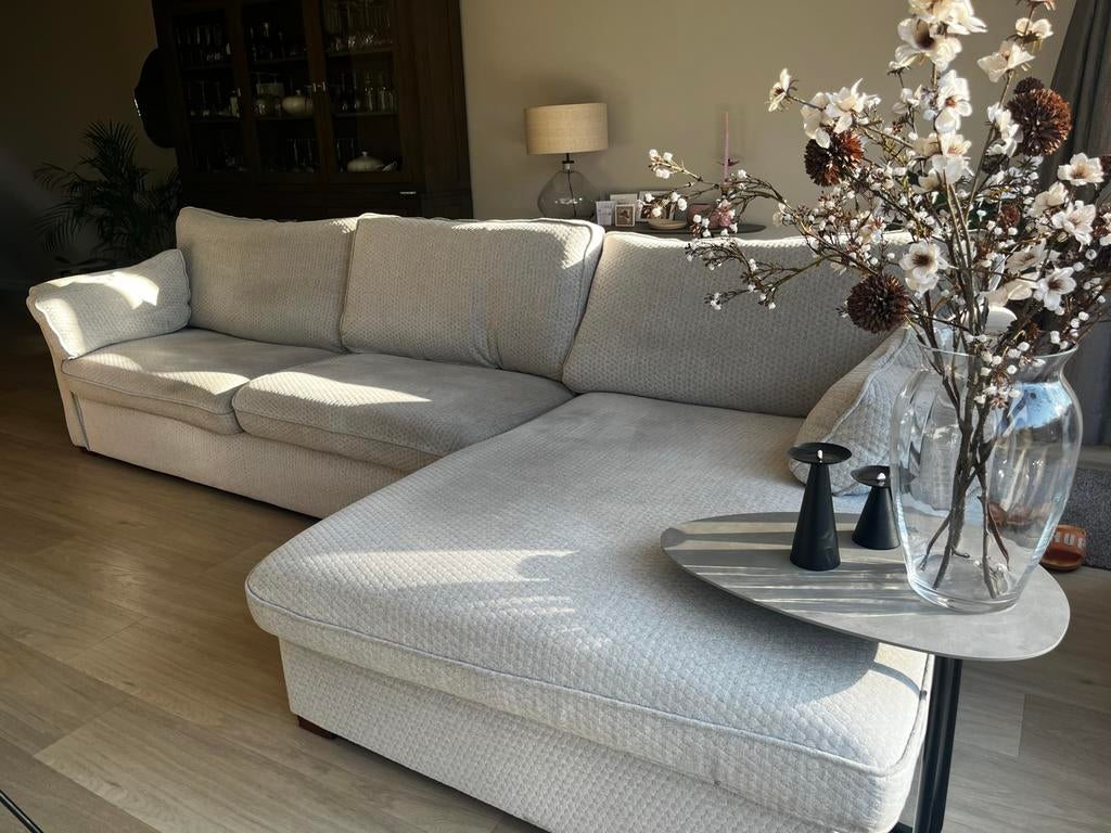 Comfortabele hoekbank in lichte stof, Huis en Inrichting, Banken | Bankstellen, Ophalen, Gebruikt, 100 tot 125 cm, Hoekbank