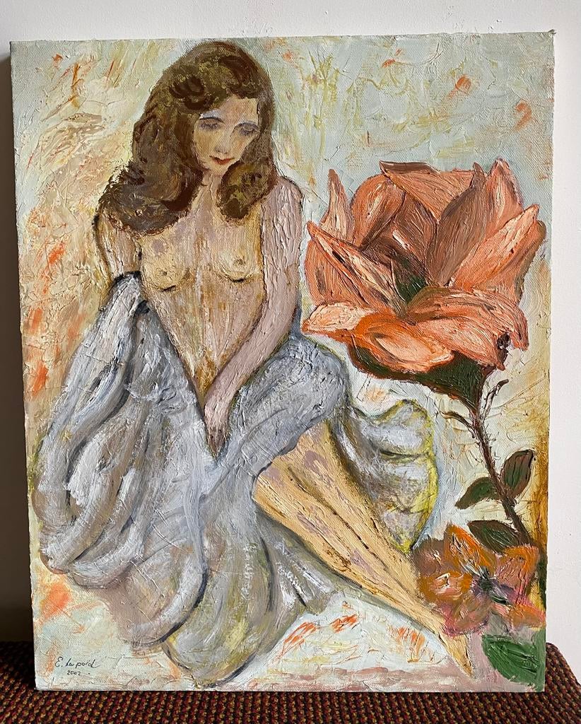 Zittend naakt met bloem, Ophalen of Verzenden