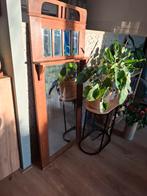 Oude houten spiegel met bovenraampjes en plankje, Antiek en Kunst, Ophalen, Rechthoekig