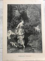 E. Metzmacher: Ueberrascht, 1892, gravure, 32x23cm. Mooi!, Ophalen of Verzenden