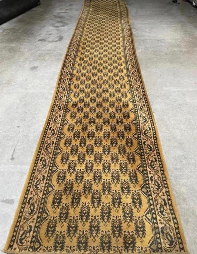 Vintage loper 90cm x 493cm kleed tapijt perzich Orient wol, 200 cm of meer, Zo goed als nieuw, Rechthoekig, Groen