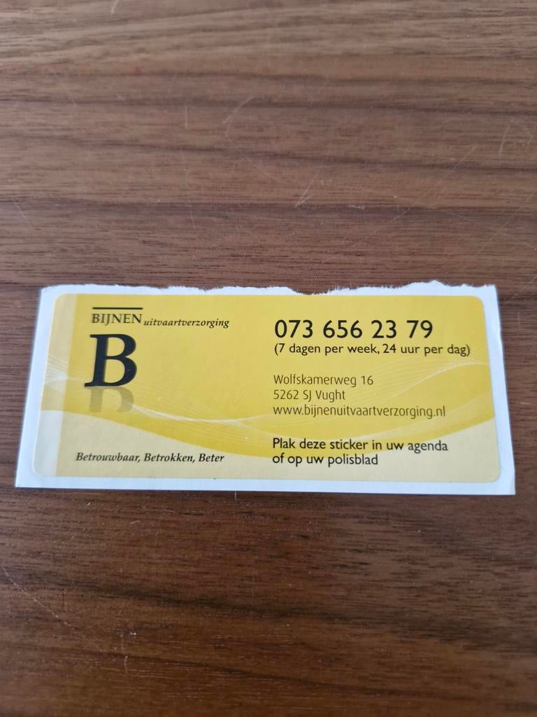 6858 Sticker Bijnen Uitvaartverzorging Vught, Ophalen of Verzenden, Zo goed als nieuw
