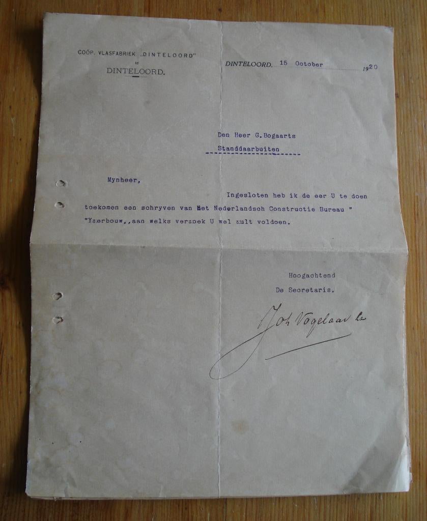 documenten Coöp. Vlasfabriek Dinteloord Steenbergen 1920, Ophalen, 1920 tot 1940, Gelopen, Noord-Brabant