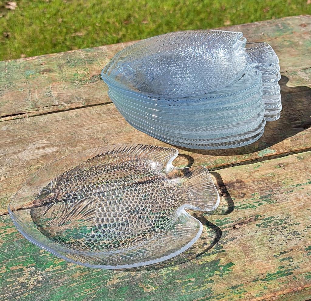 Vintage glazen vis borden Frans Arcoroc 10 st dineren zomer, Ophalen of Verzenden