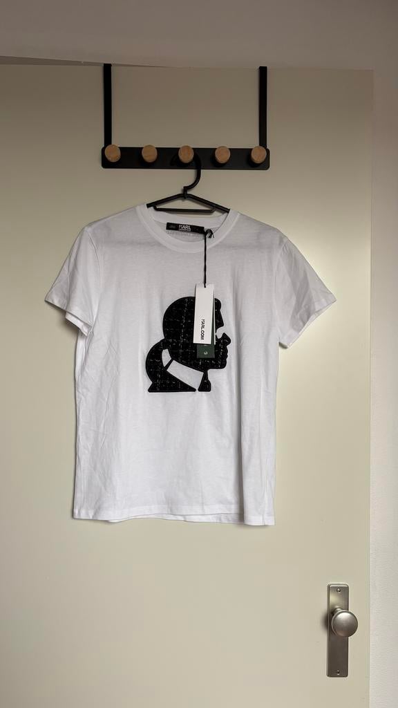 Karl Lagerfeld T-shirt wit met zwart tweed logo Maat S, Kleding | Dames, Wit, Nieuw, Ophalen of Verzenden, Korte mouw