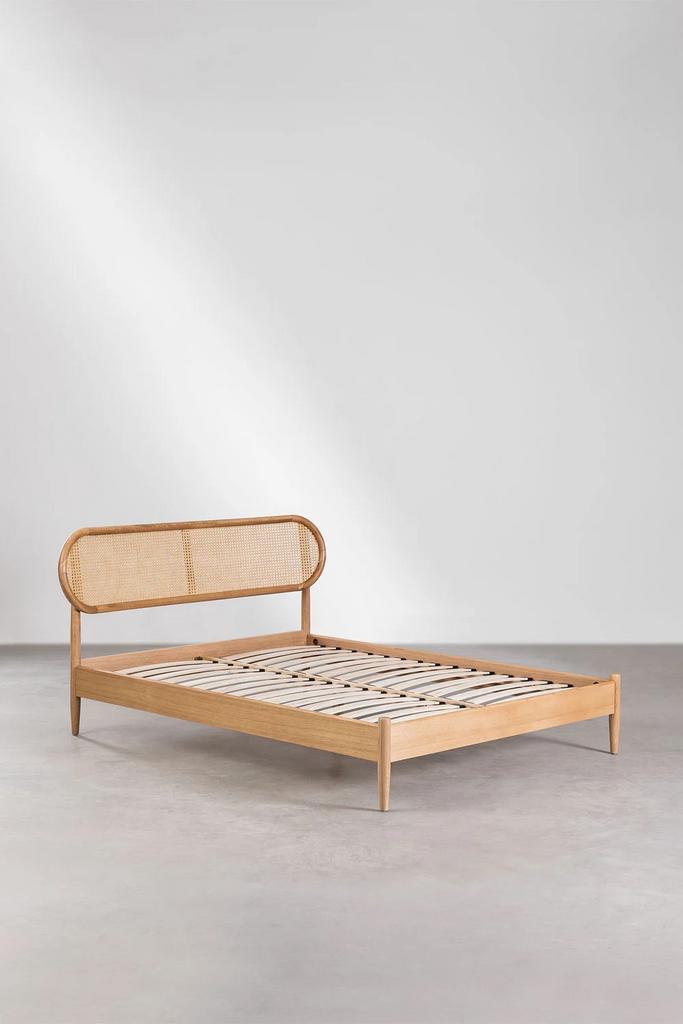 Houten bedframe met rotan hoofdbord 150x200, Ophalen, Bruin, Tweepersoons, Zo goed als nieuw