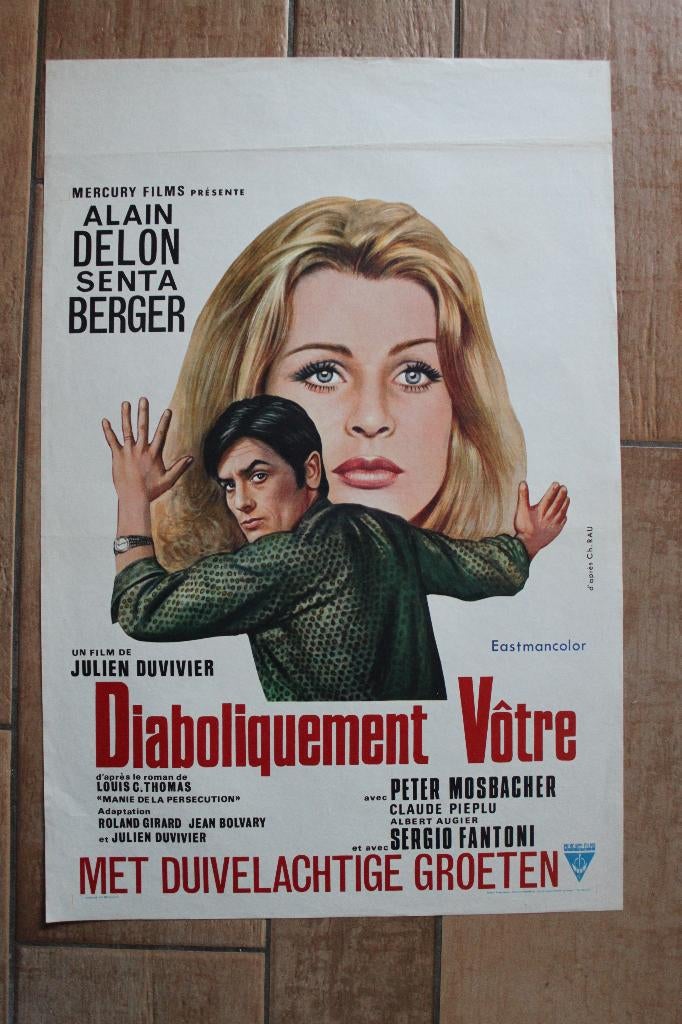 filmaffiche Alain Delon Diaboliquement votre fimposter, Rechthoekig Staand, Ophalen of Verzenden, Zo goed als nieuw, A1 t/m A3