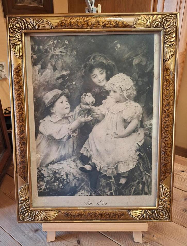 Antieke Prent, Schilderij Age d'or. Museumglas, Barok lijst., Antiek en Kunst, Kunst | Schilderijen | Klassiek, Ophalen of Verzenden