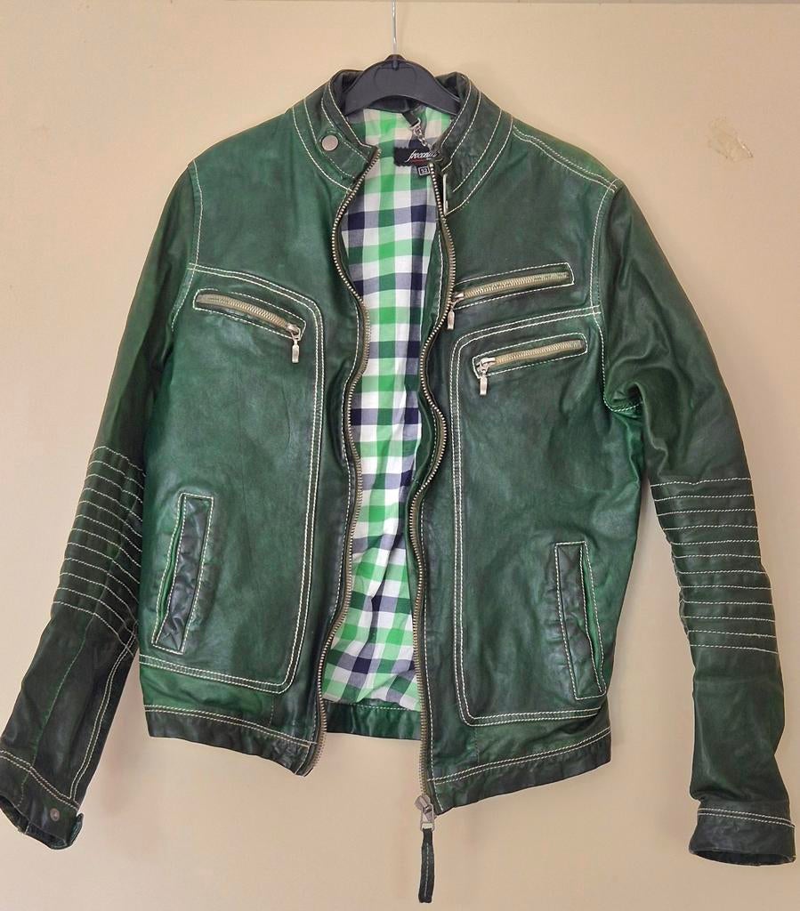 Groen leren jack met geruite voering, Ophalen of Verzenden