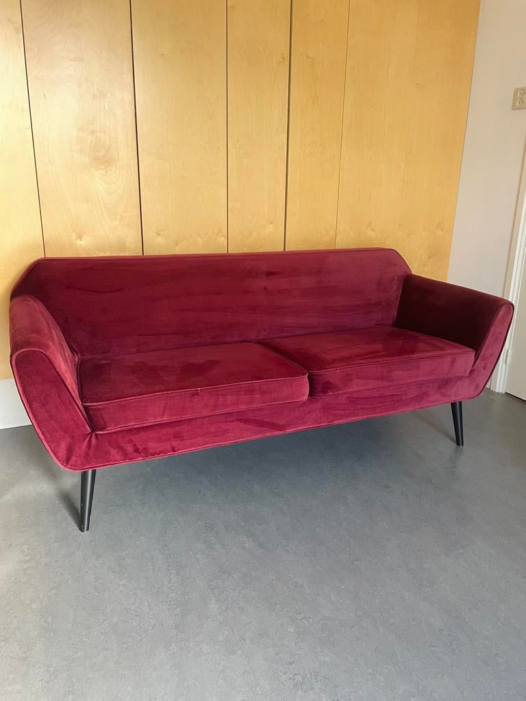 WOOOD 2,5-zitsbank rood/bordeaux velvet “Rocco” 187x82x75, Huis en Inrichting, Ophalen, Gebruikt, WOOOD, 150 tot 200 cm