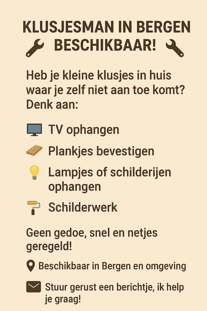 Klusjesman in Bergen – Snel, netjes en betaalbaar!, Vacatures, Vacatures | Thuiswerk, Overige vormen, Vanaf 5 jaar, Overige niveaus