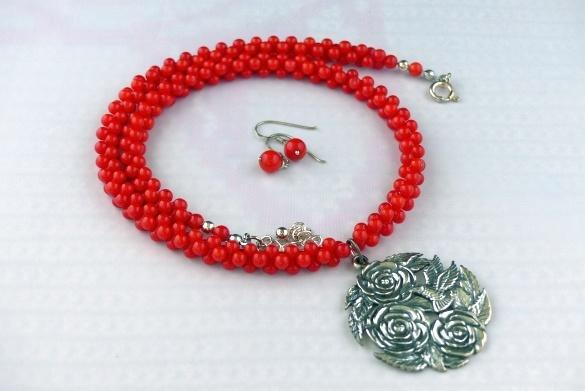 KORAAL ketting/oorhanger-set, Sieraden, Tassen en Uiterlijk, Kettingen, Nieuw, Zilver, Rood, Met edelsteen, Met hanger, Verstelbaar