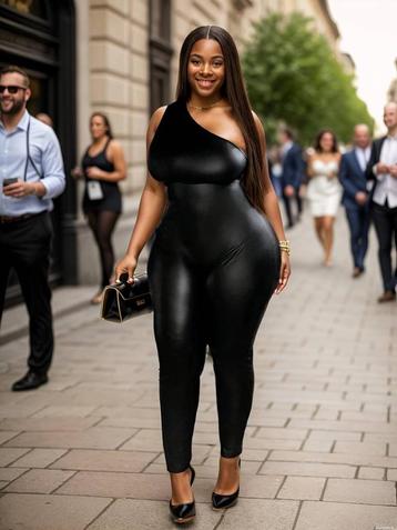 R113 Plus Size PU Lederen Jumpsuit met Één Schouder......... beschikbaar voor biedingen