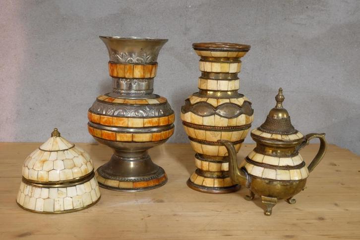 koperen kan vaas dekselpotje met ingelegd been Marokko, Antiek en Kunst, Antiek | Koper en Brons, Koper, Ophalen of Verzenden