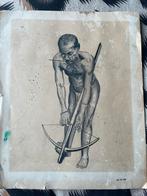 Tekening handgemaakt, 1960. Inheemse jager, Antiek en Kunst, Ophalen of Verzenden