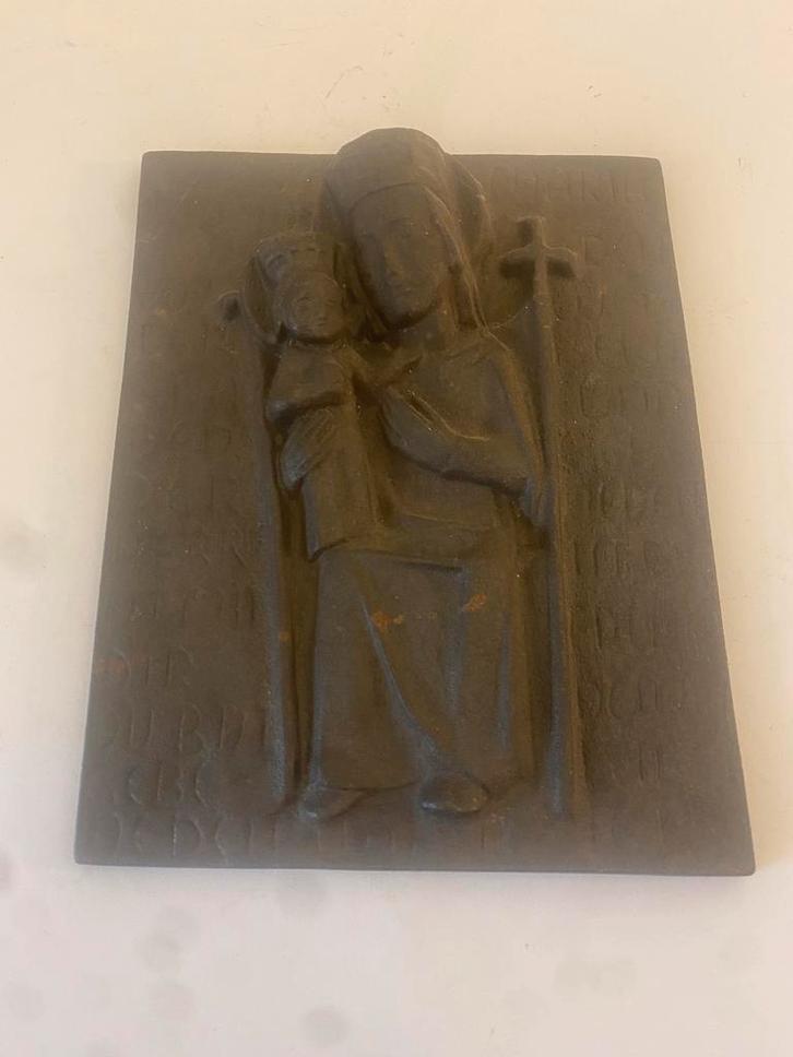 Antiek Maria met Kind Beeld - Religieus Reliëf Inscriptie Br, Antiek en Kunst, Antiek | Religie, Ophalen of Verzenden