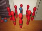 vintage houten kegelspel kegels 22 cm met doos rood blauw, Ophalen of Verzenden