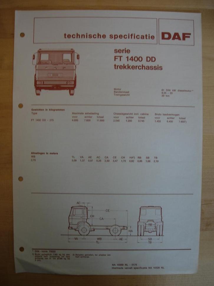 DAF FT 1400 DD Technische Specificatie folder 1975 – 4x2, Boeken, Auto's | Folders en Tijdschriften, Zo goed als nieuw, Overige merken