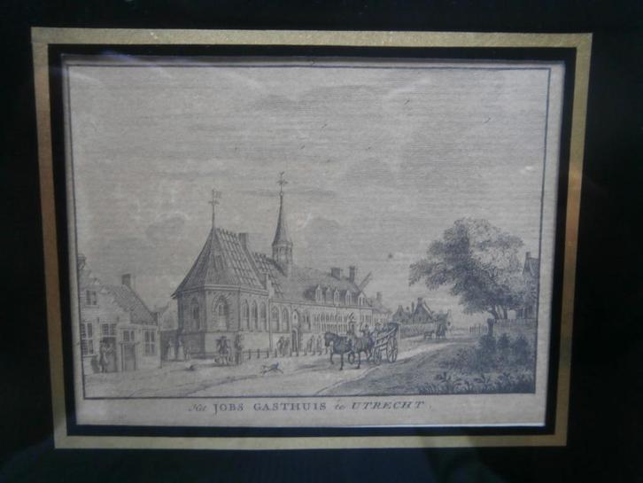 Utrecht, Mooie Gravure v/h St.Jobs Gasthuis, Mooi lijstje, Antiek en Kunst, Kunst | Etsen en Gravures, Ophalen