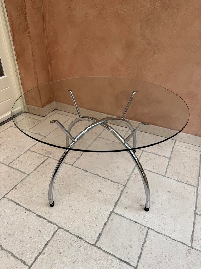 Ronde glazen salon tafel Ø90 cm – modern design met chroom, Ophalen, 50 tot 100 cm, Rond, Zo goed als nieuw