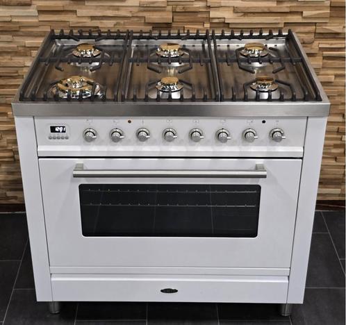 Luxe Fornuis Boretti 90cm wit + rvs 6 pits 300 oven, Witgoed en Apparatuur, Fornuizen, Zo goed als nieuw, Vrijstaand, Gas, 5 kookzones of meer