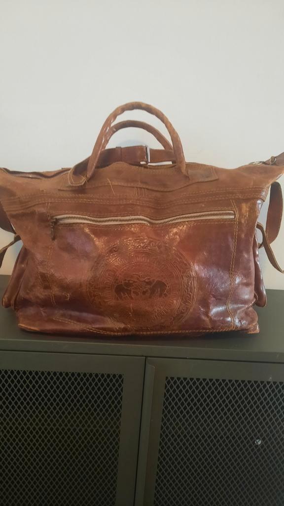 Vintage Sri Lanka Leren Reistas met Olifanten, Sieraden, Tassen en Uiterlijk, Tassen | Reistassen en Weekendtassen, Gebruikt, Bruin