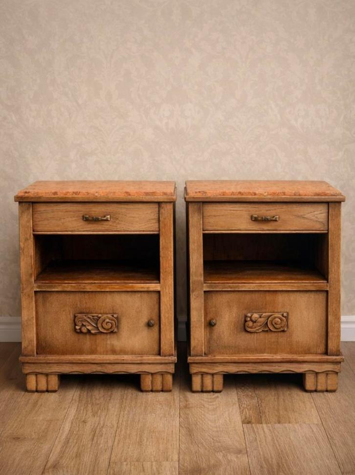 Set van 2 antieke nachtkastjes met marmeren blad, Huis en Inrichting, Slaapkamer | Nachtkastjes, Gebruikt, 55 tot 70 cm, 45 tot 65 cm