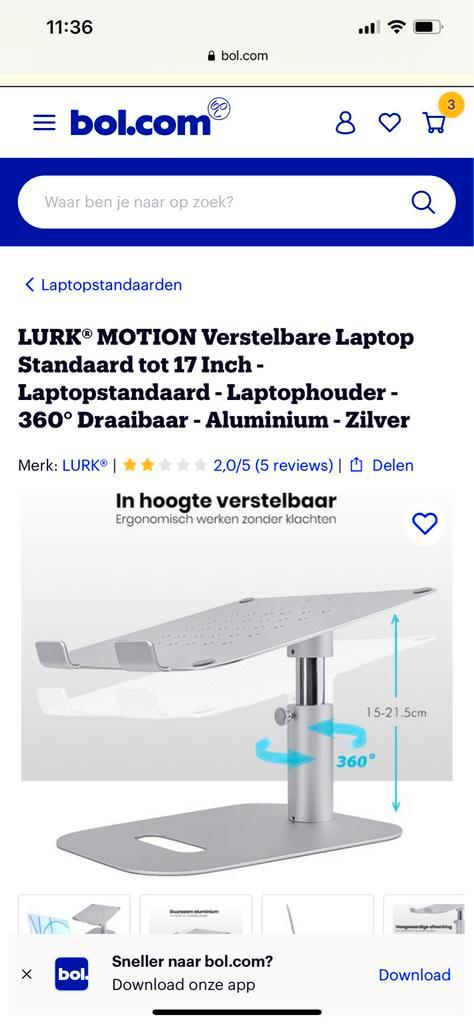 LURK MOTION Laptopstandaard tot 17 inch - Zilver, Computers en Software, Laptopstandaarden, Nieuw, In hoogte verstelbaar, Ophalen of Verzenden