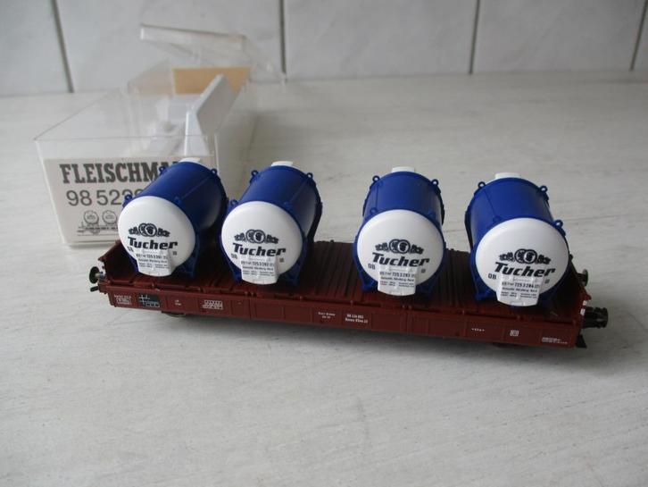 Fleischmann Platte wagen met Tucher Containers no 98 5229, Hobby en Vrije tijd, Modeltreinen | H0, Zo goed als nieuw, Wagon, Gelijkstroom