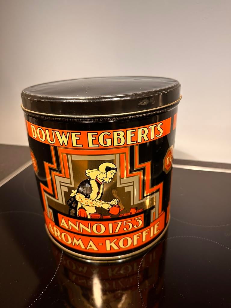 Vintage DE blik Douwe Egberts diameter 22cm hoogte 22,5cm, Ophalen of Verzenden, Gebruikt, Koffie, Douwe Egberts