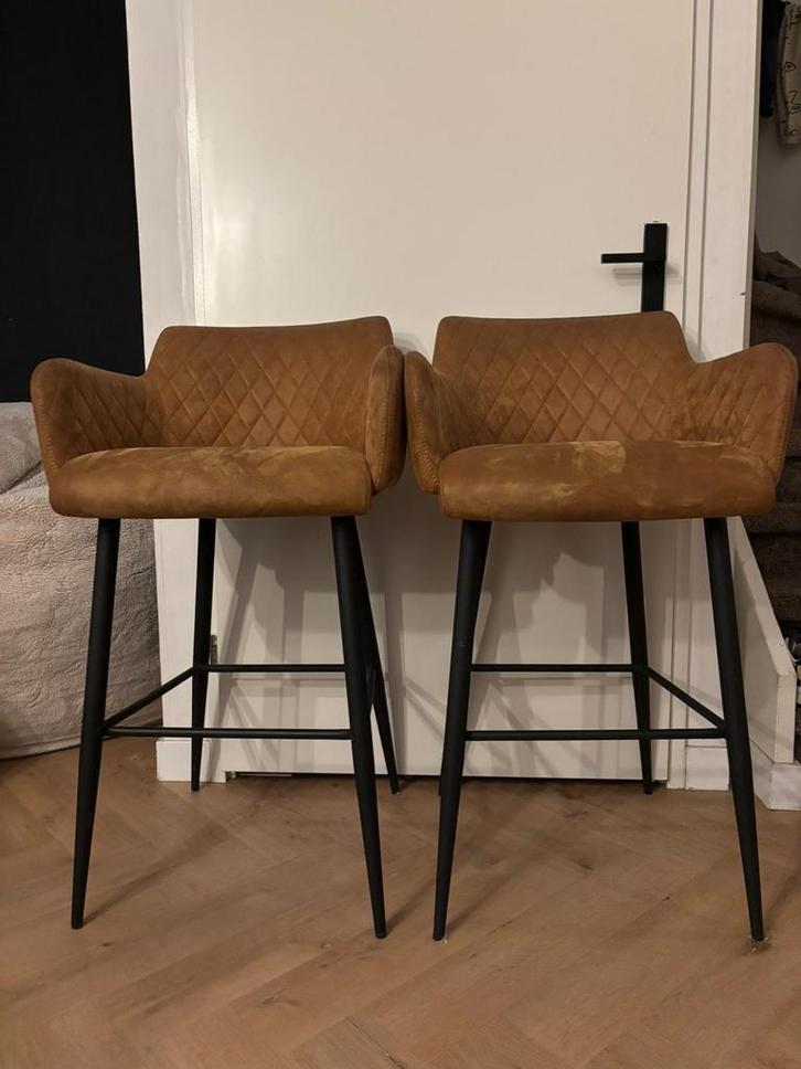 2 Cognac Barkrukken - Perfecte Staat!, Huis en Inrichting, Barkrukken, Zo goed als nieuw, 60 tot 90 cm, Metaal, 2 krukken, Met voetsteun